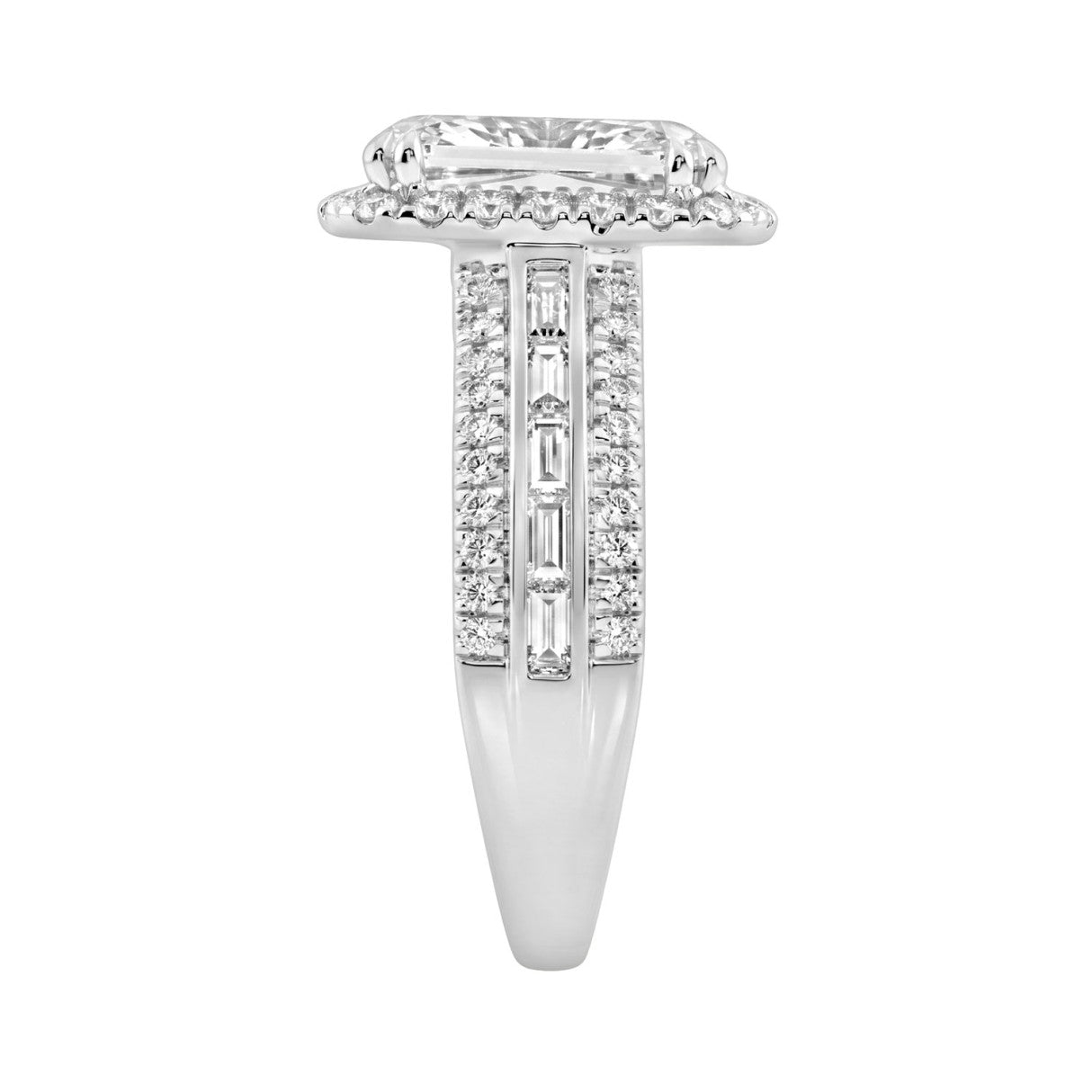 14K White Gold 3.00 Ct Diamond Halo Engagement Ring For Women Elongated 2Ct Cushion Cut Center Stone With Round & Baguette Side Stones, Luxury Bridal
