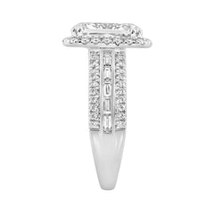 14K White Gold 3.00 Ct Diamond Halo Engagement Ring For Women Elongated 2Ct Cushion Cut Center Stone With Round & Baguette Side Stones, Luxury Bridal