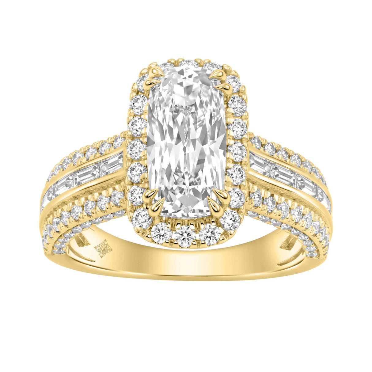 14K Yellow Gold 3.00 Ct Diamond Halo Engagement Ring For Women Elongated 2Ct Cushion Cut Center Stone With Round & Baguette Side Stones, Luxury Bridal Ring (Color F-G -Clarity Vs1/Vs2)