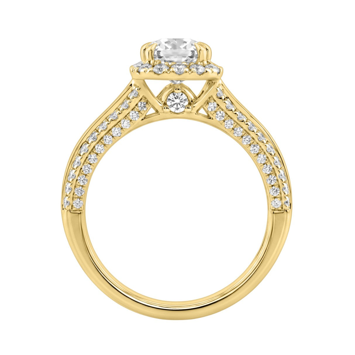 14K Yellow Gold 3.00 Ct Diamond Halo Engagement Ring For Women Elongated 2Ct Cushion Cut Center Stone With Round & Baguette Side Stones, Luxury Bridal