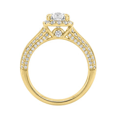 14K Yellow Gold 3.00 Ct Diamond Halo Engagement Ring For Women Elongated 2Ct Cushion Cut Center Stone With Round & Baguette Side Stones, Luxury Bridal
