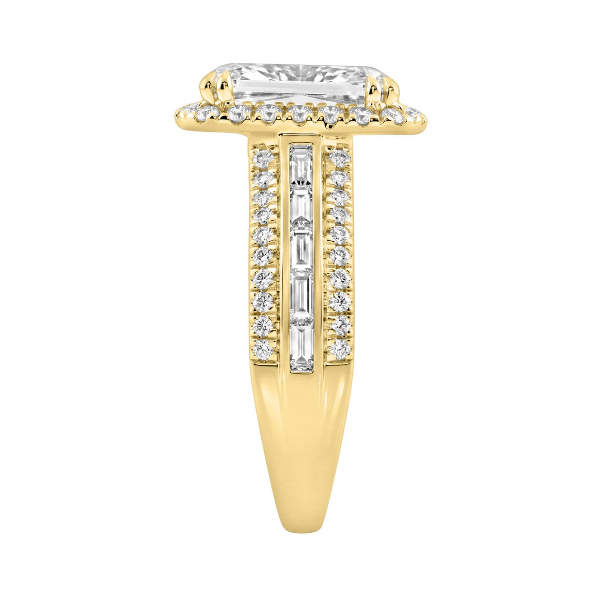 14K Yellow Gold 3.00 Ct Diamond Halo Engagement Ring For Women Elongated 2Ct Cushion Cut Center Stone With Round & Baguette Side Stones, Luxury Bridal