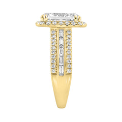 14K Yellow Gold 3.00 Ct Diamond Halo Engagement Ring For Women Elongated 2Ct Cushion Cut Center Stone With Round & Baguette Side Stones, Luxury Bridal