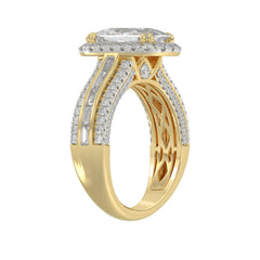 14K Yellow Gold 3.00 Ct Diamond Halo Engagement Ring For Women Elongated 2Ct Cushion Cut Center Stone With Round & Baguette Side Stones, Luxury Bridal Ring (Color F-G -Clarity Vs1/Vs2)