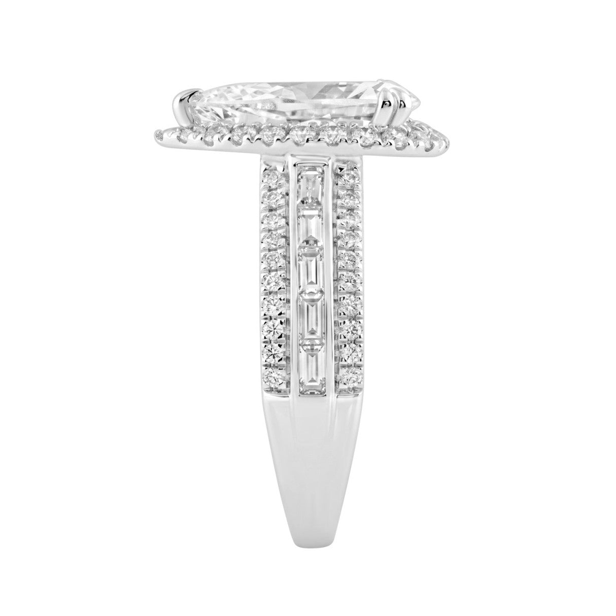 14K White Gold 3.00 Ct Diamond Halo Engagement Ring For Women Elongated 2Ct Pear Cut Center Stone With Round & Baguette Side Stones, Luxury Bridal Rin