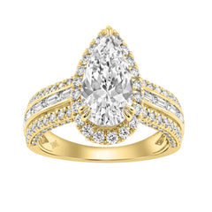 14K Yellow Gold 3.00 Ct Diamond Halo Engagement Ring For Women Elongated 2Ct Pear Cut Center Stone With Round & Baguette Side Stones, Luxury Bridal Ri