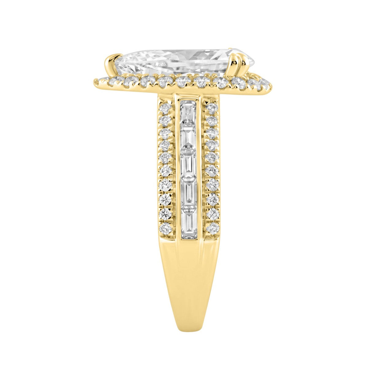14K Yellow Gold 3.00 Ct Diamond Halo Engagement Ring For Women Elongated 2Ct Pear Cut Center Stone With Round & Baguette Side Stones, Luxury Bridal Ri