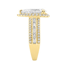 14K Yellow Gold 3.00 Ct Diamond Halo Engagement Ring For Women Elongated 2Ct Pear Cut Center Stone With Round & Baguette Side Stones, Luxury Bridal Ri