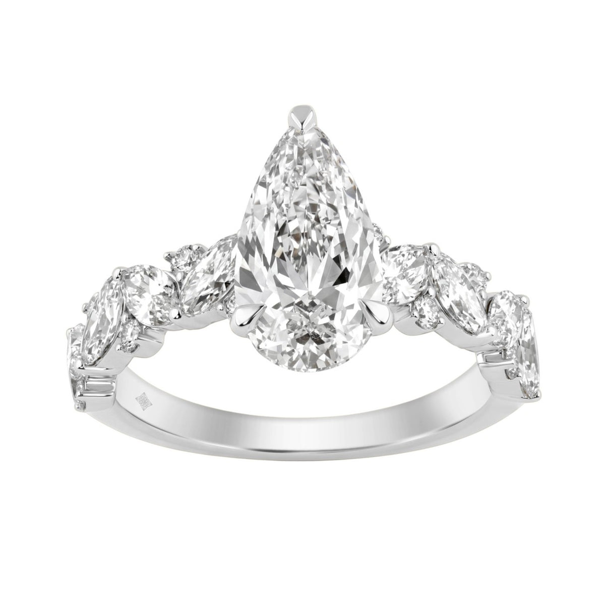 14K White Gold 3.00 Ct Diamond Halo Engagement Ring For Women Elongated 2Ct Pear Cut Center Stone With Round &amp; Marquise Side Stones, Luxury Bridal