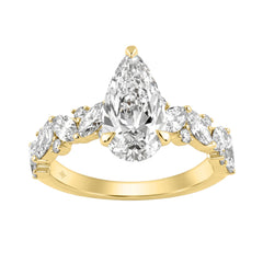 14K Yellow Gold 3.00 Ct Diamond Halo Engagement Ring For Women Elongated 2Ct Pear Cut Center Stone With Round &amp; Marquise Side Stones, Luxury Bridal Ring (Color F-G -Clarity Vs1/Vs2)