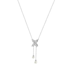 Elegant 10K White Gold Marquise Diamond 3/4Ct & Pearl Butterfly Drop Necklace Fine Jewelry Gift For Her (Color F-G Clarity Vs1/Vs2)
