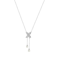 Elegant 10K White Gold Marquise Diamond 3/4Ct & Pearl Butterfly Drop Necklace Fine Jewelry Gift For Her (Color F-G Clarity Vs1/Vs2)