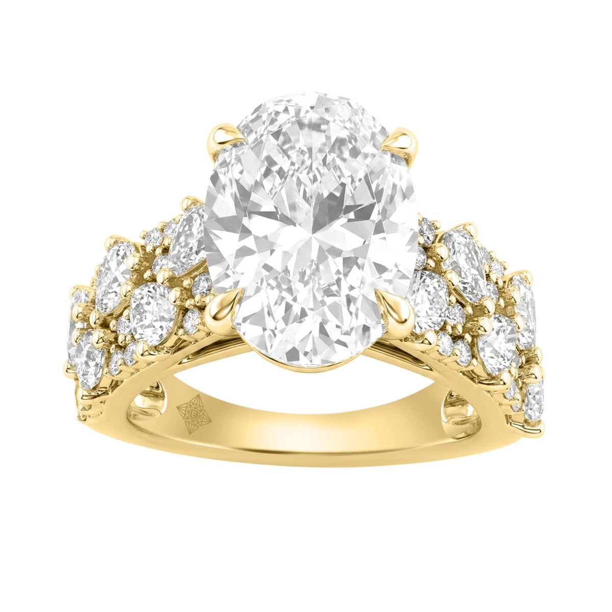 14K Yellow Gold 6 1/4Ct Diamond Engagement Ring For Women 5Ct Oval Center Stone With Pear,& Round Side Stones, Luxury Bridal Ring (Color F-G -Clarity