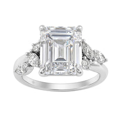 Luxury 14K White Gold 5 1/2Ct Lab-Grown Diamond Ring 5Ct Emerald Center With Marquise &amp; Round Side Stones For Women Engagement Ring (Color F-G -Cl