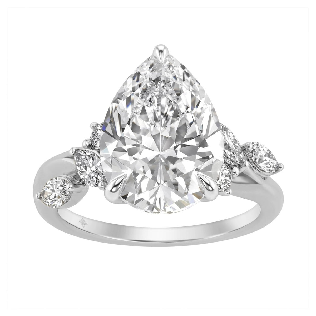 14K White Gold 5 1/2Ct Lab-Grown Diamond Engagement Ring For Women 5Ct Pear Center Stone With Marquise/Round Side Stones, Luxury Bridal Ring (Color F-