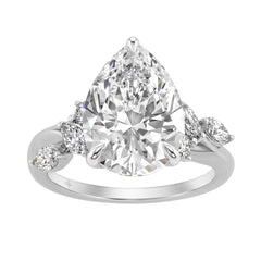 14K White Gold 5 1/2Ct Lab-Grown Diamond Engagement Ring For Women 5Ct Pear Center Stone With Marquise/Round Side Stones, Luxury Bridal Ring (Color F-
