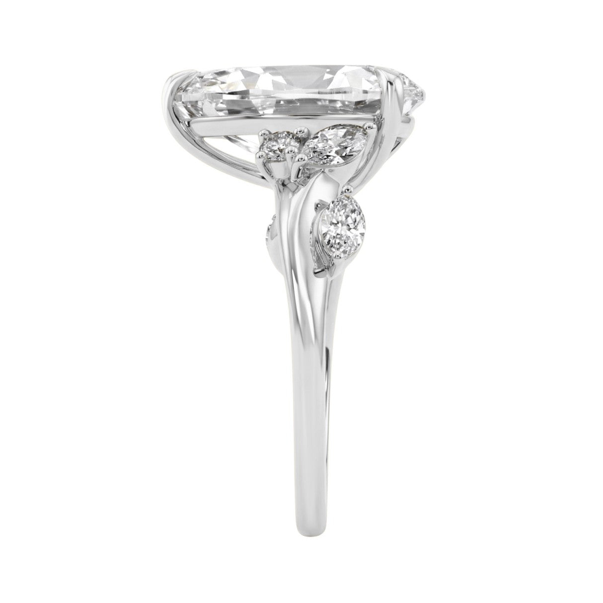 14K White Gold 5 1/2Ct Lab-Grown Diamond Engagement Ring For Women 5Ct Pear Center Stone With Marquise/Round Side Stones, Luxury Bridal Ring (Color F-