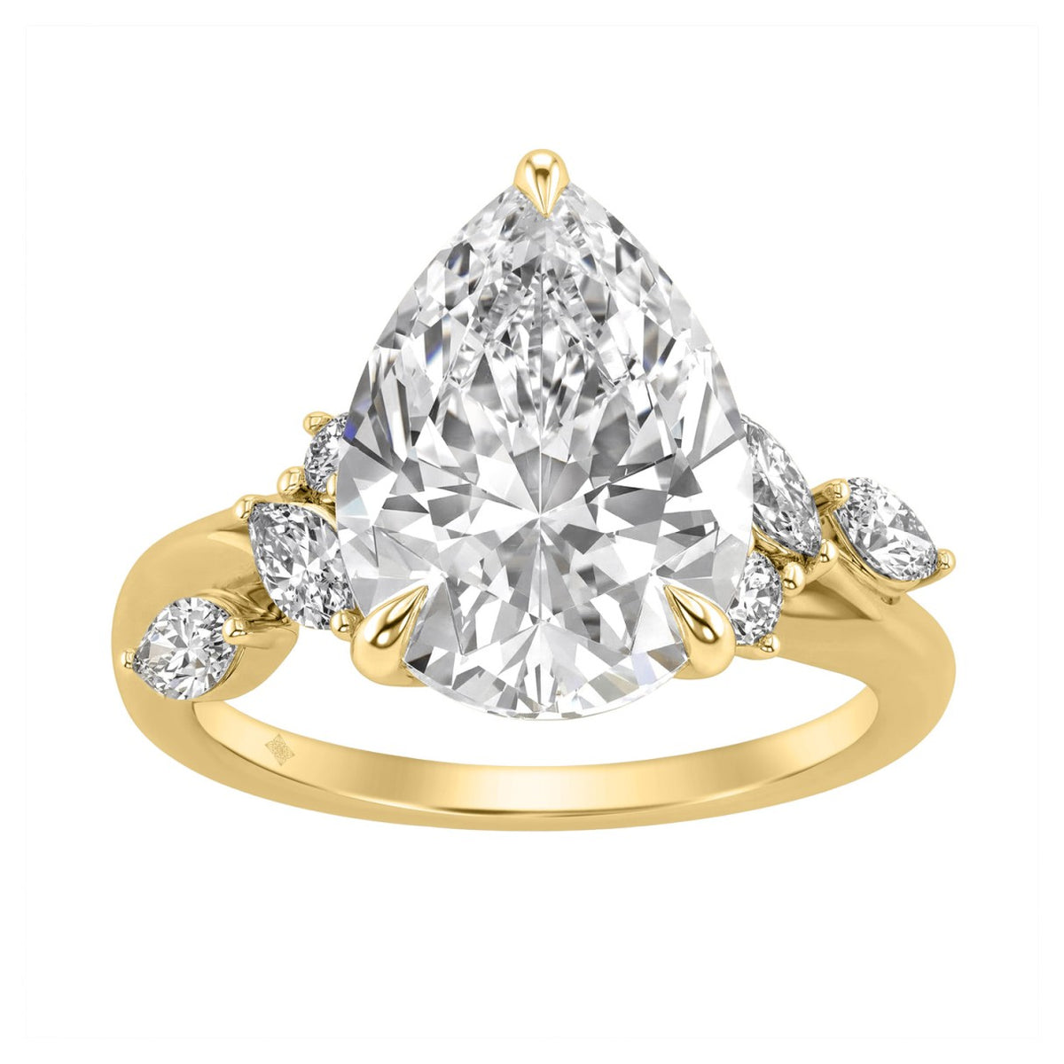 14K Yellow Gold 5 1/2Ct Lab-Grown Diamond Engagement Ring For Women 5Ct Pear Center Stone With Marquise/Round Side Stones, Luxury Bridal Ring (Color F