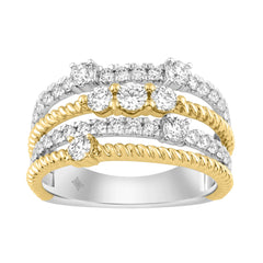 Women Luxury 14K White/Yellow Gold 1.00Ct Lab Grown Round Diamond Crossover Multi-Row Statement Ring (Color F-G -Clarity Vs1/Vs2)