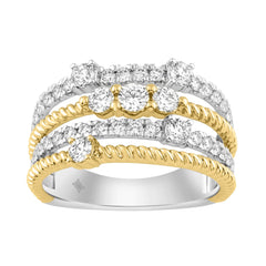 Women Luxury 14K White/Yellow Gold 1.00Ct Lab Grown Round Diamond Crossover Multi-Row Statement Ring (Color F-G -Clarity Vs1/Vs2)