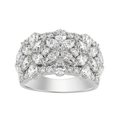 14K White Gold 3.00Ct Mixed Shape Diamond Cluster Ring Round, Marquise & Pear Floral Inspired Ladies Ring (Color F-G -Clarity Vs1/Vs2)