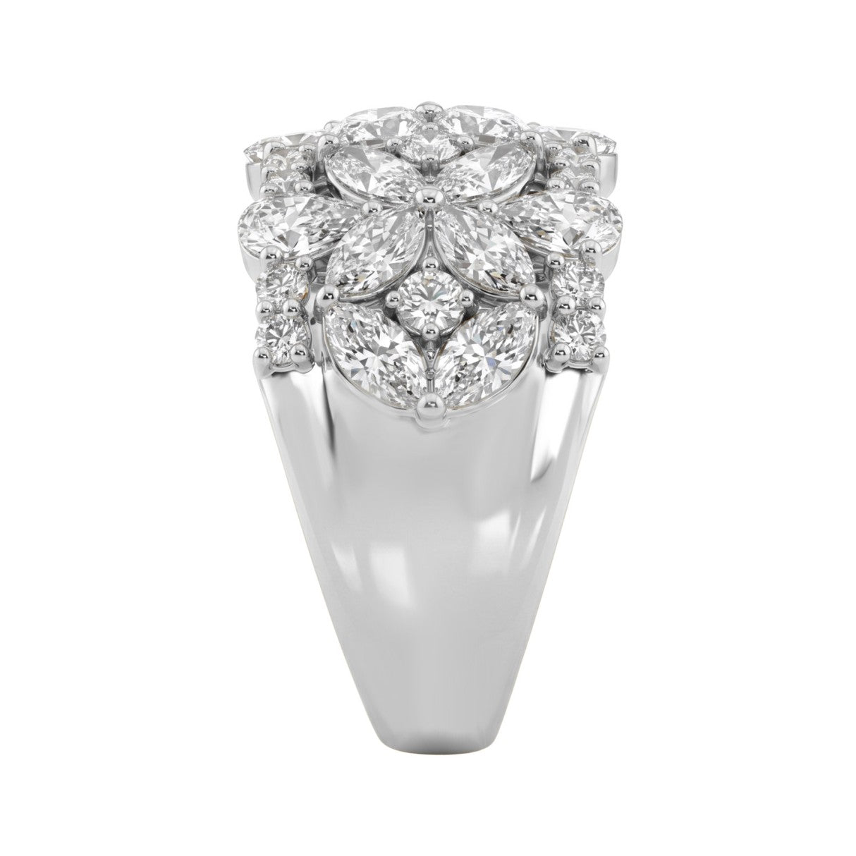 14K White Gold 3.00Ct Mixed Shape Diamond Cluster Ring Round, Marquise & Pear Floral Inspired Ladies Ring (Color F-G -Clarity Vs1/Vs2)