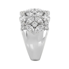 14K White Gold 3.00Ct Mixed Shape Diamond Cluster Ring Round, Marquise & Pear Floral Inspired Ladies Ring (Color F-G -Clarity Vs1/Vs2)
