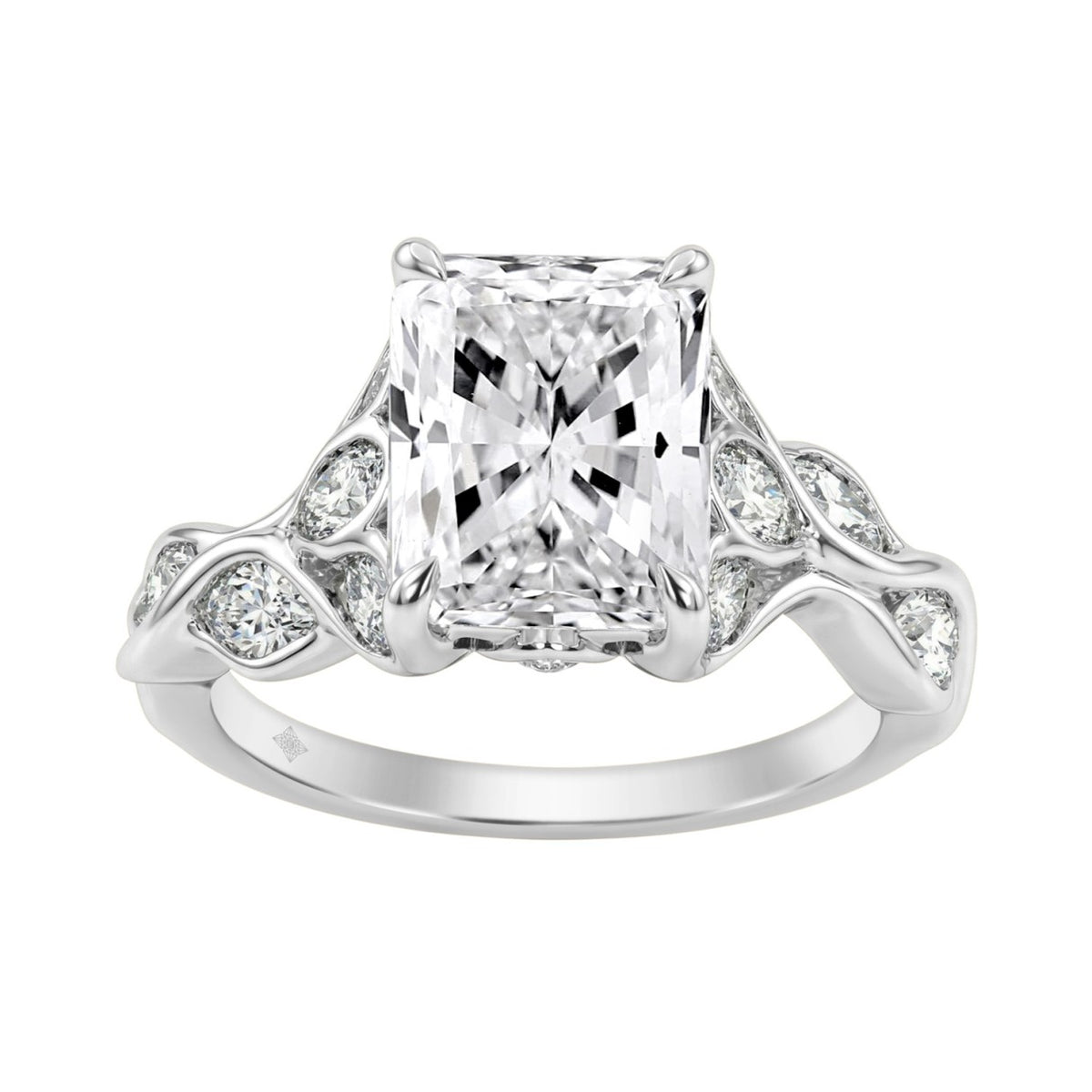 14K White Gold Radiant Cut Diamond Ring 4 1/5Ct  With Marquise Side Stones Ladies Engagement Ring 3Ct Radiant Center Stone (Color F-G -Clarity Vs1/Vs2
