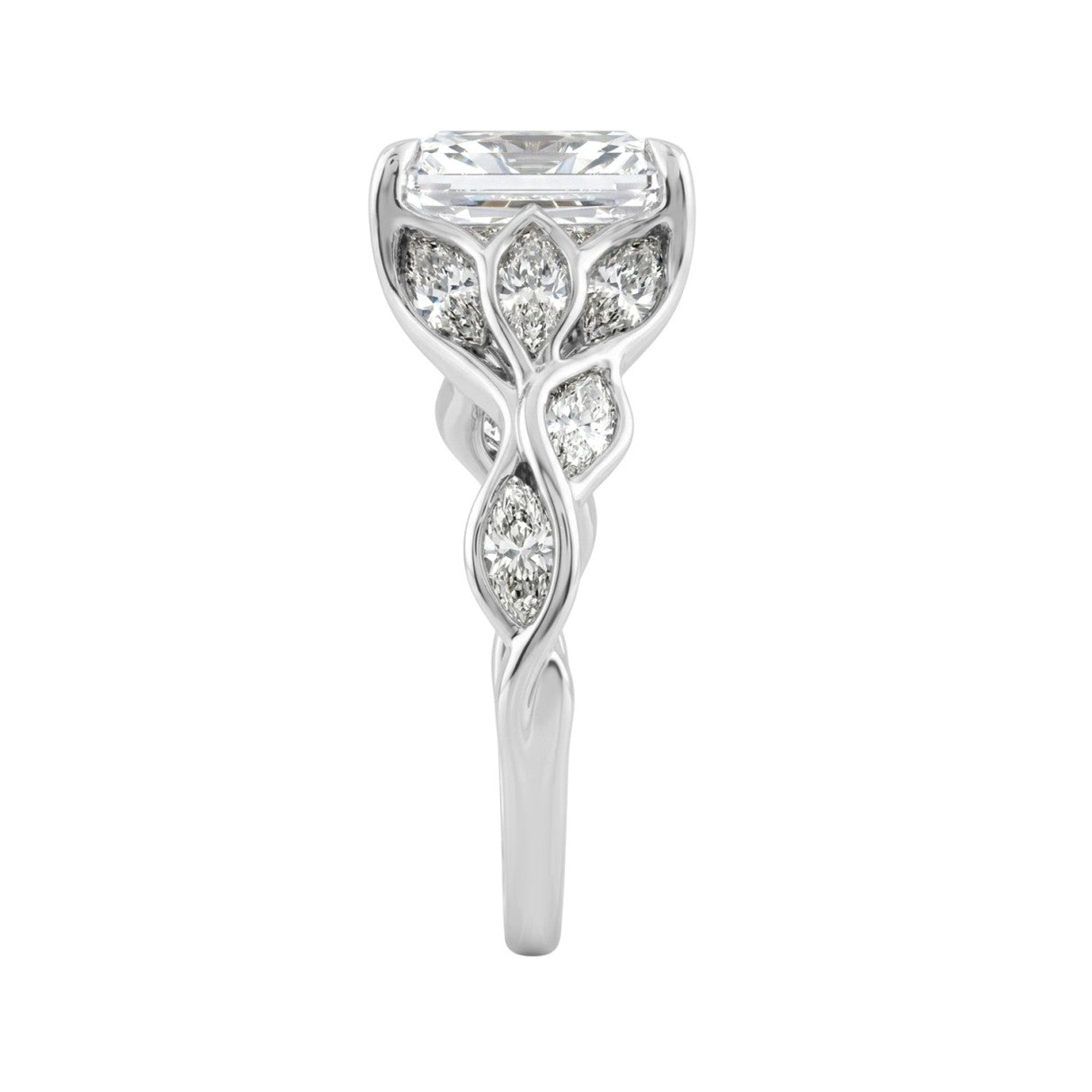 14K White Gold Radiant Cut Diamond Ring 4 1/5Ct  With Marquise Side Stones Ladies Engagement Ring 3Ct Radiant Center Stone (Color F-G -Clarity Vs1/Vs2