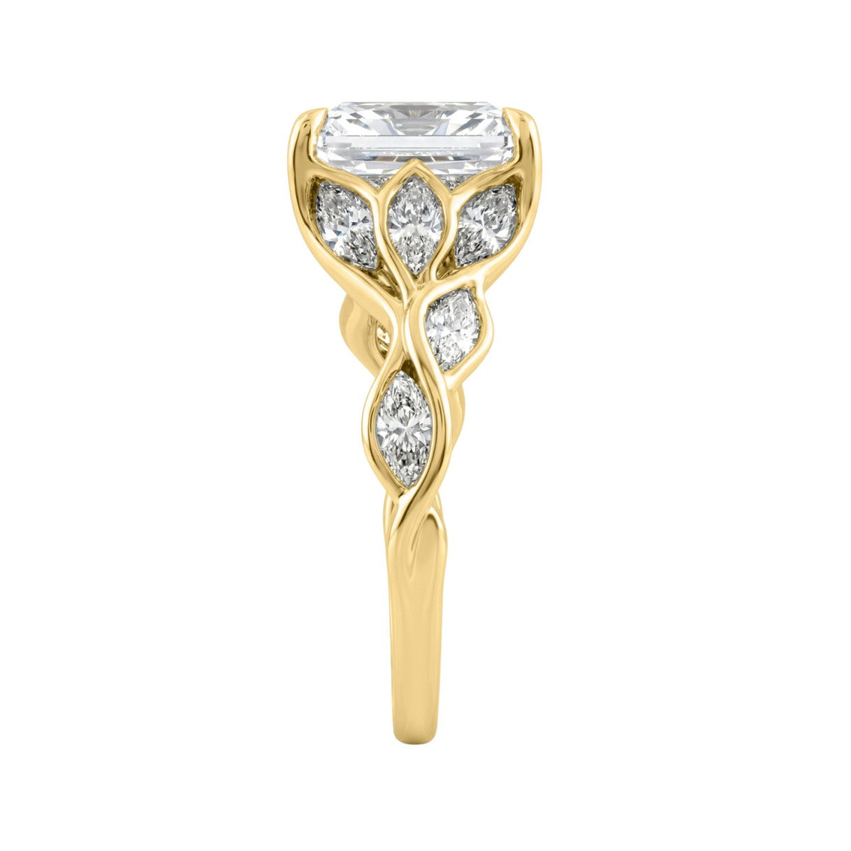 14K Yellow Gold Radiant Cut Diamond Ring 4 1/5Ct  With Marquise Side Stones Ladies Engagement Ring 3Ct Radiant Center Stone (Color F-G -Clarity Vs1/Vs2)