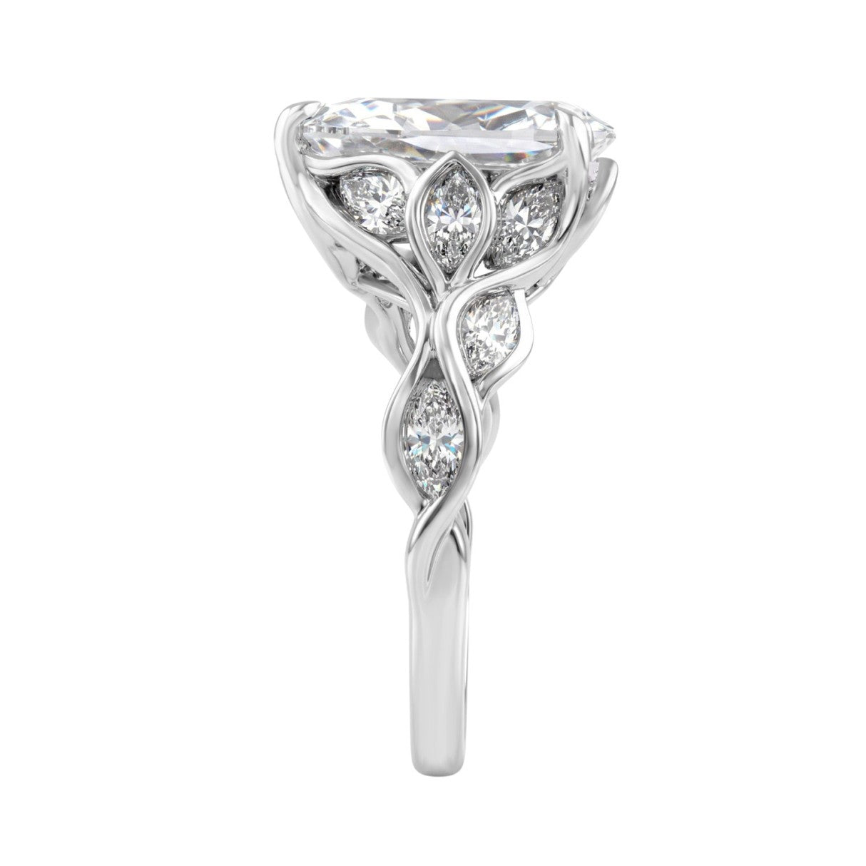 Elegant 14K White Gold 4 1/5Ct Diamond Ring Round, Pear & Marquise With Marquise Side Stones, Women Fashion Ring 3Ct Pear Center Stone (Color F-G -Cla