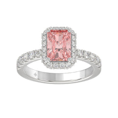 14K White Gold 4.00Ct Round Diamond Halo Ring For Women 3.00Ct Pink Radiant Cut Center Stone  With Round Diamond Halo (Color F-G -Clarity Vs1/Vs2)
