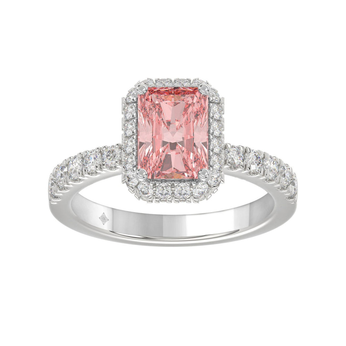 14K White Gold 4.00Ct Round Diamond Halo Ring For Women 3.00Ct Pink Radiant Cut Center Stone  With Round Diamond Halo (Color F-G -Clarity Vs1/Vs2)