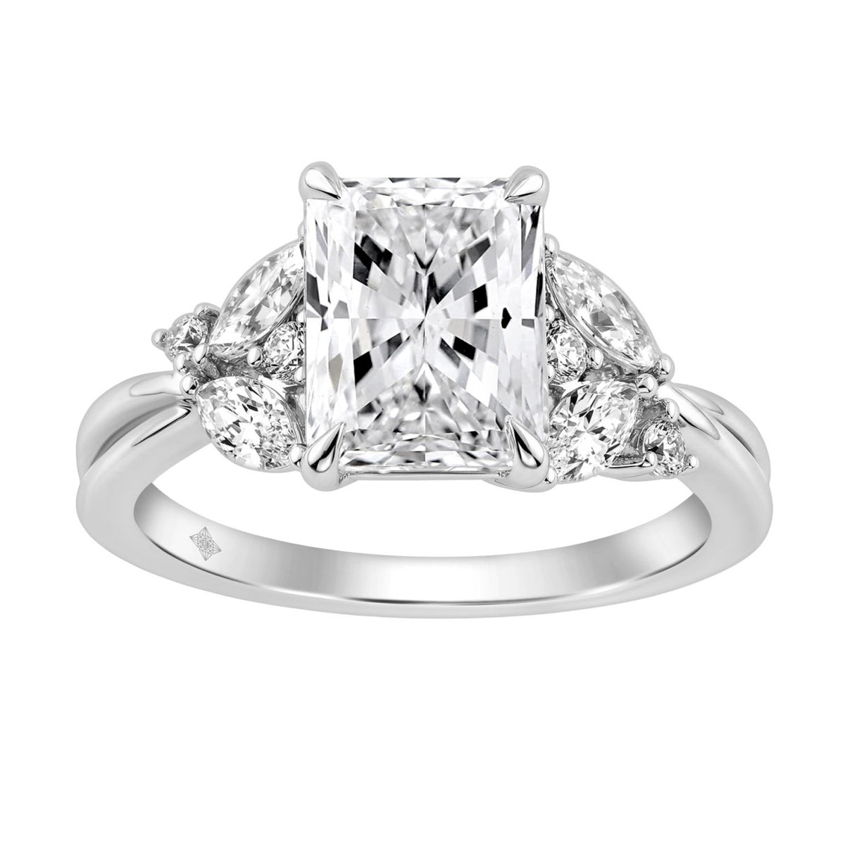 14K White Gold Ladies Lab-Grown Brown Diamond Ladies Engagement Ring 3 1/2Ct Radiant, Round &amp; Marquise With Side Marquise Accents 3Ct Radiant Cent