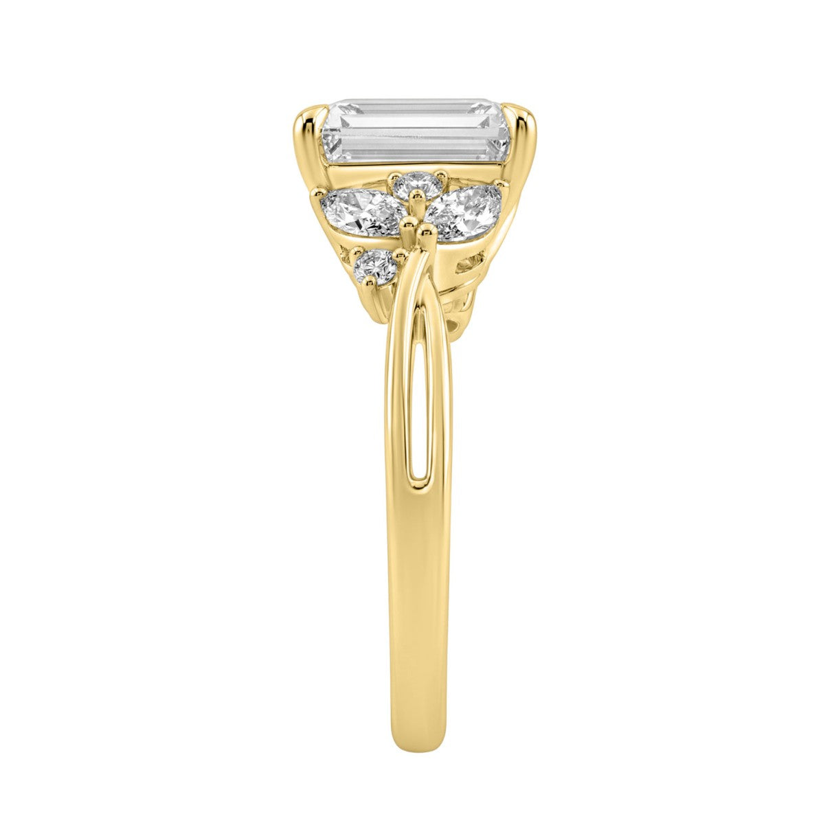 14K Yellow Gold Ladies Lab-Grown Brown Diamond Ladies Engagement Ring 3 1/2Ct Radiant, Round &amp; Marquise With Side Marquise Accents 3Ct Radiant Center Stone (Color F-G -Clarity Vs1/Vs2)