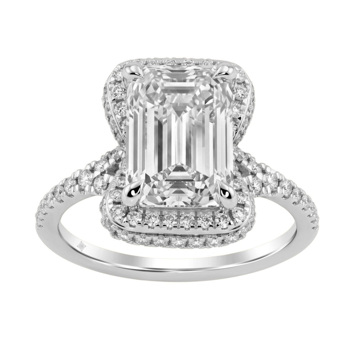14K White Gold 4 1/2Ct Ladies Emerald-Cut Hidden Halo Engagement Ring 4Ct Emerald Center Stone &amp; Round Diamond (Color F-G -Clarity Vs1/Vs2)