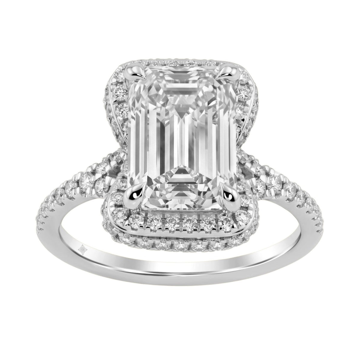 14K White Gold 4 1/2Ct Ladies Emerald-Cut Hidden Halo Engagement Ring 4Ct Emerald Center Stone &amp; Round Diamond (Color F-G -Clarity Vs1/Vs2)