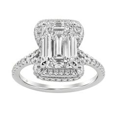 14K White Gold 4 1/2Ct Ladies Emerald-Cut Hidden Halo Engagement Ring 4Ct Emerald Center Stone &amp; Round Diamond (Color F-G -Clarity Vs1/Vs2)