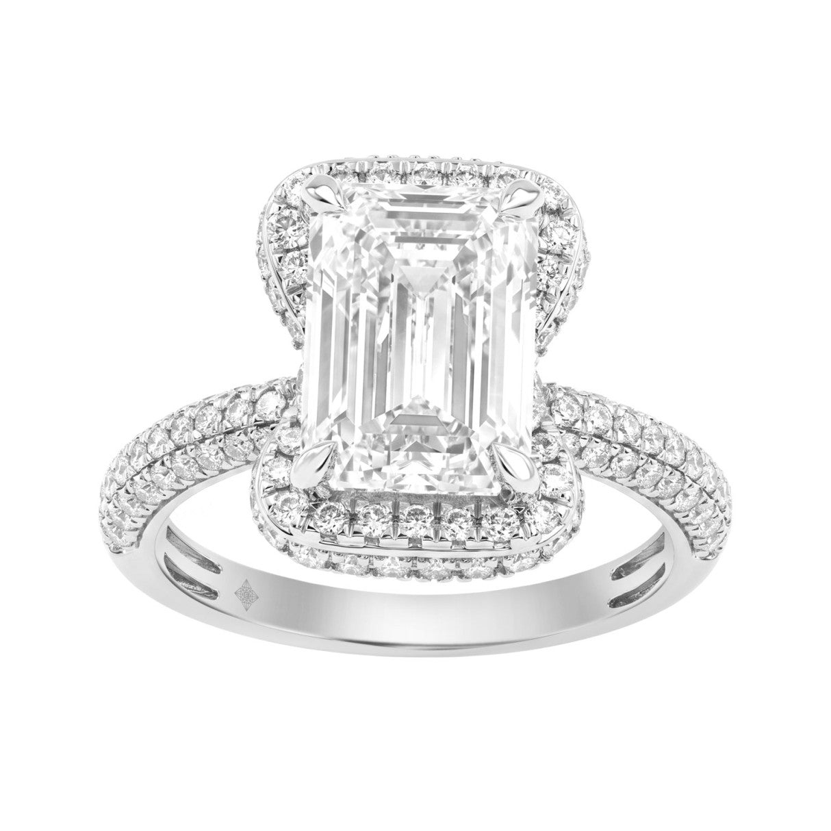 14K White Gold 4 1/2Ct Ladies Emerald Cut Halo Engagement Ring 4Ct Emerald Center Stone &amp; Round Diamond (Color F-G -Clarity Vs1/Vs2)