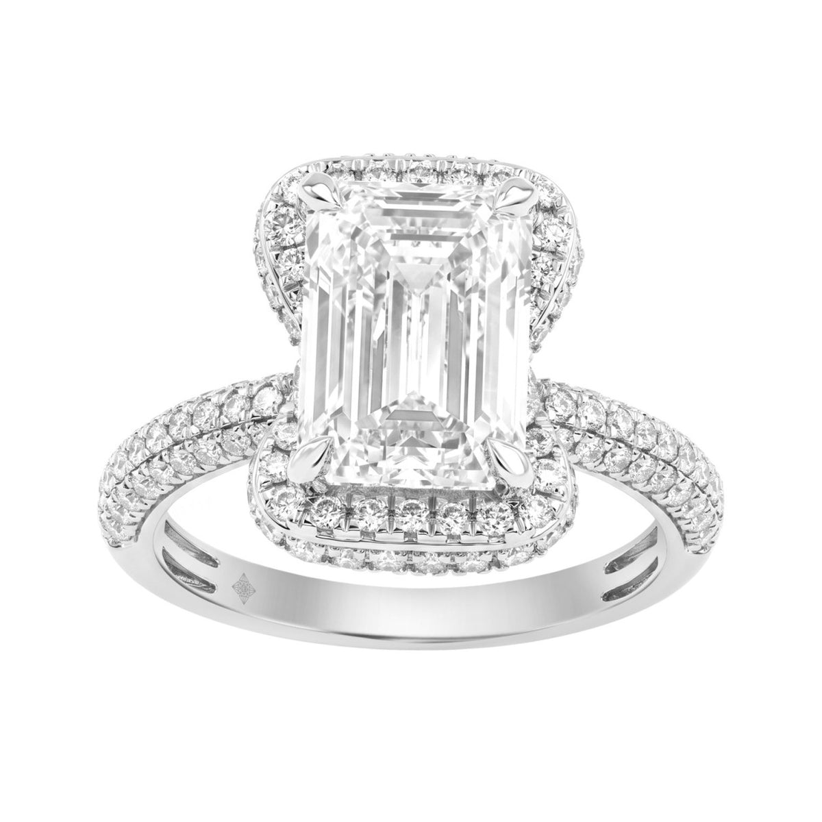 14K White Gold 4 1/2Ct Ladies Emerald Cut Halo Engagement Ring 4Ct Emerald Center Stone &amp; Round Diamond (Color F-G -Clarity Vs1/Vs2)
