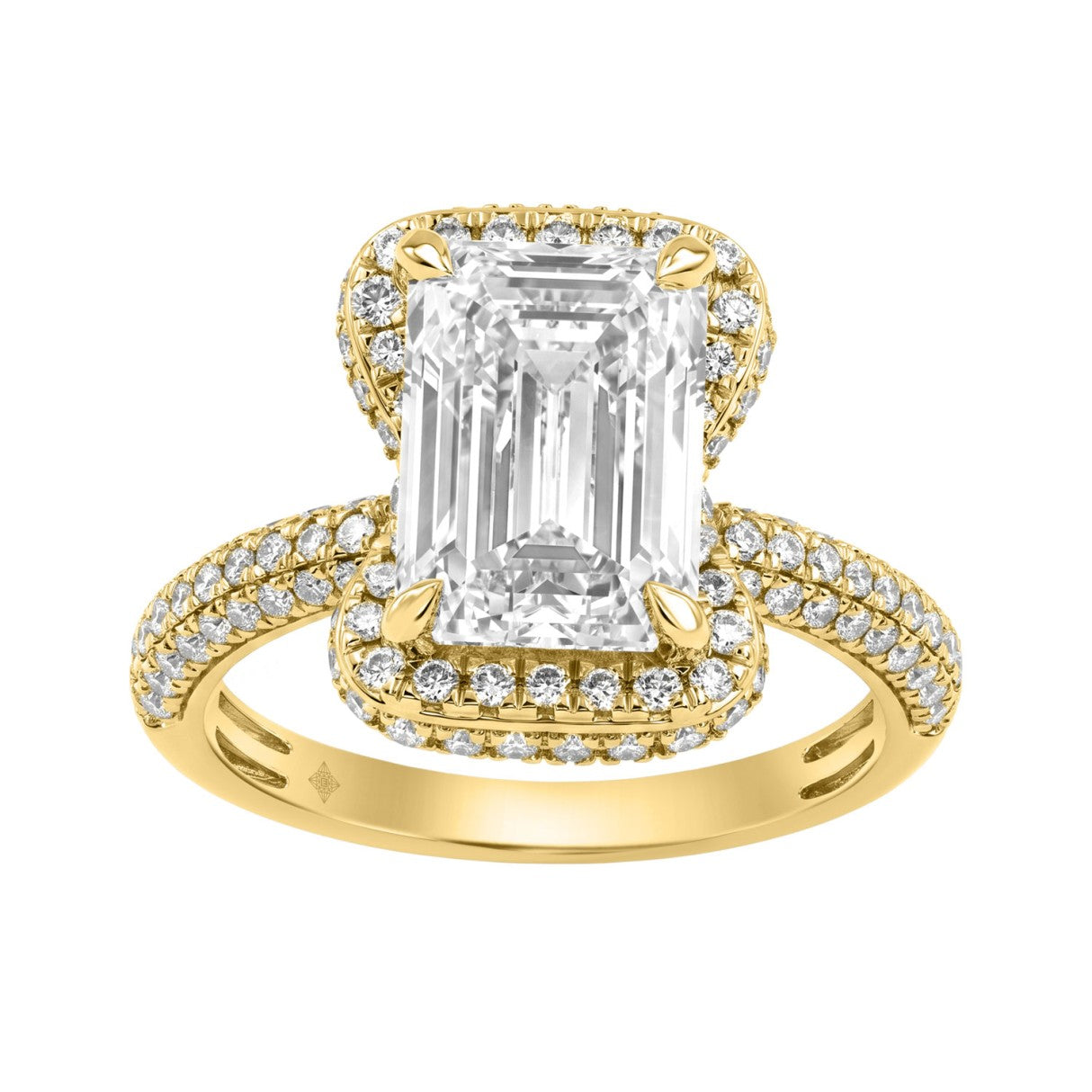 14K Yellow Gold 4 1/2Ct Ladies Emerald Cut  Halo Engagement Ring 4Ct Emerald Center Stone &amp; Round Diamond (Color F-G -Clarity Vs1/Vs2)