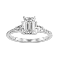 14K White Gold Lab Grown Emerald Cut Diamond Ladies Engagement Ring 1 1/4Ct With Round &amp; Baguette Side Stones 1Ct Emerald Center Stone (Color F-G