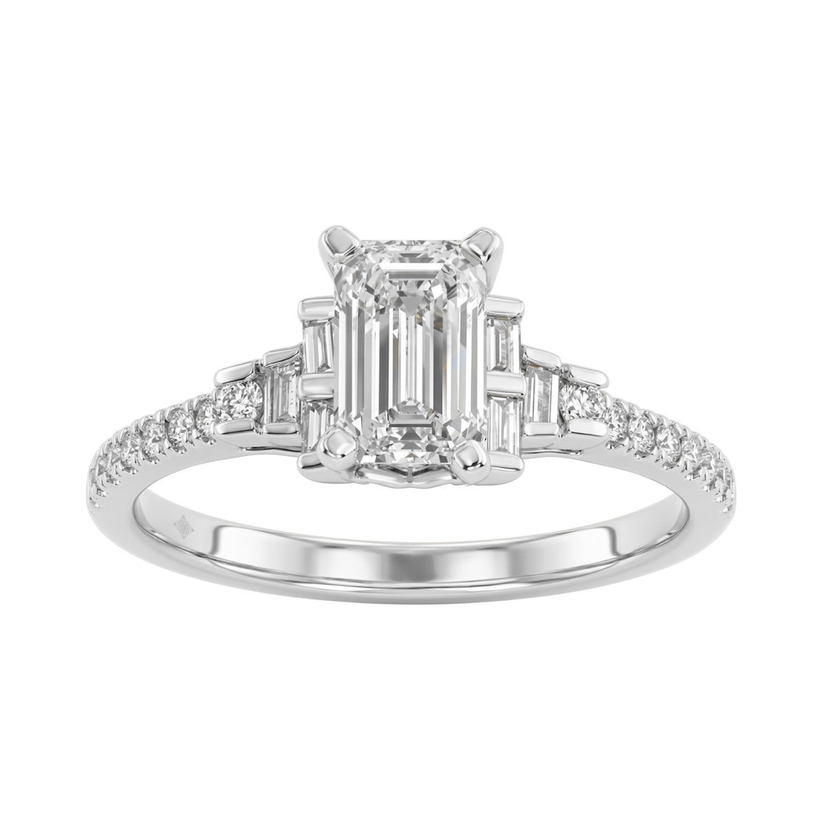 14K White Gold Lab Grown Emerald Cut Diamond Ladies Engagement Ring 1 1/4Ct With Round &amp; Baguette Side Stones 1Ct Emerald Center Stone (Color F-G
