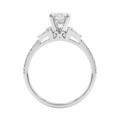 14K White Gold Lab Grown Emerald Cut Diamond Ladies Engagement Ring 1 1/4Ct With Round &amp; Baguette Side Stones 1Ct Emerald Center Stone (Color F-G