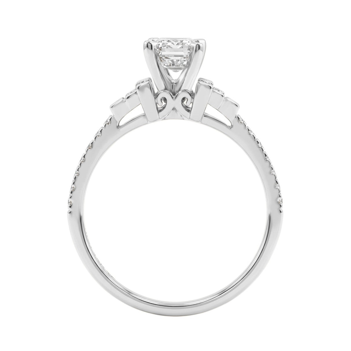 14K White Gold Lab Grown Emerald Cut Diamond Ladies Engagement Ring 1 1/4Ct With Round &amp; Baguette Side Stones 1Ct Emerald Center Stone (Color F-G