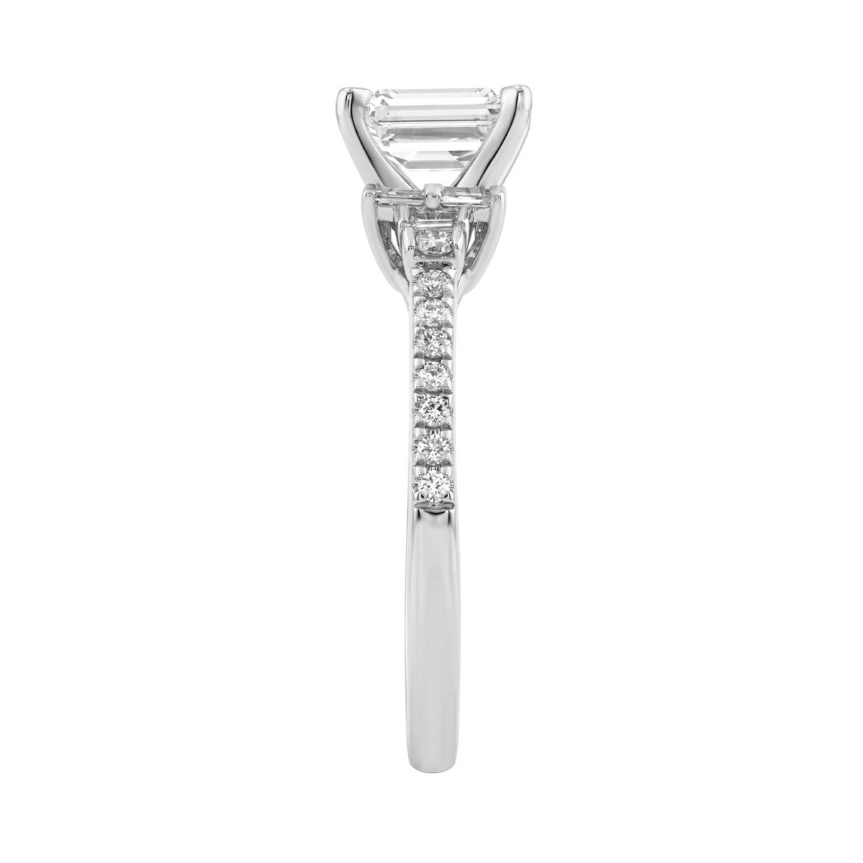 14K White Gold Lab Grown Emerald Cut Diamond Ladies Engagement Ring 1 1/4Ct With Round &amp; Baguette Side Stones 1Ct Emerald Center Stone (Color F-G