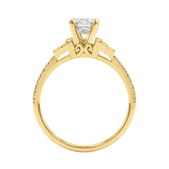 14K Yellow Gold Lab Grown Emerald Cut Diamond Ladies Engagement Ring 1 1/4Ct With Round &amp; Baguette Side Stones 1Ct Emerald Center Stone (Color F-G -Clarity Vs1/Vs2)