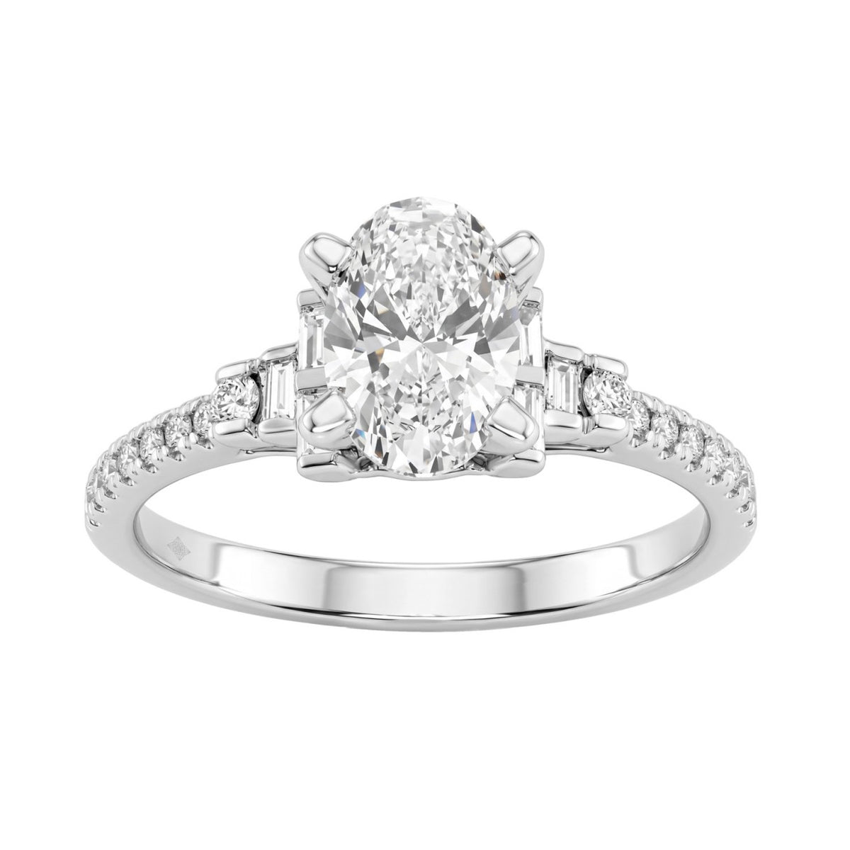 14K White Gold Lab Grown Emerald Cut Diamond Ladies Engagement Ring 1 1/4Ct With Round &amp; Baguette Side Stones 1Ct Oval Center Stone (Color F-G -Cl