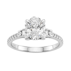 14K White Gold Lab Grown Emerald Cut Diamond Ladies Engagement Ring 1 1/4Ct With Round &amp; Baguette Side Stones 1Ct Oval Center Stone (Color F-G -Cl