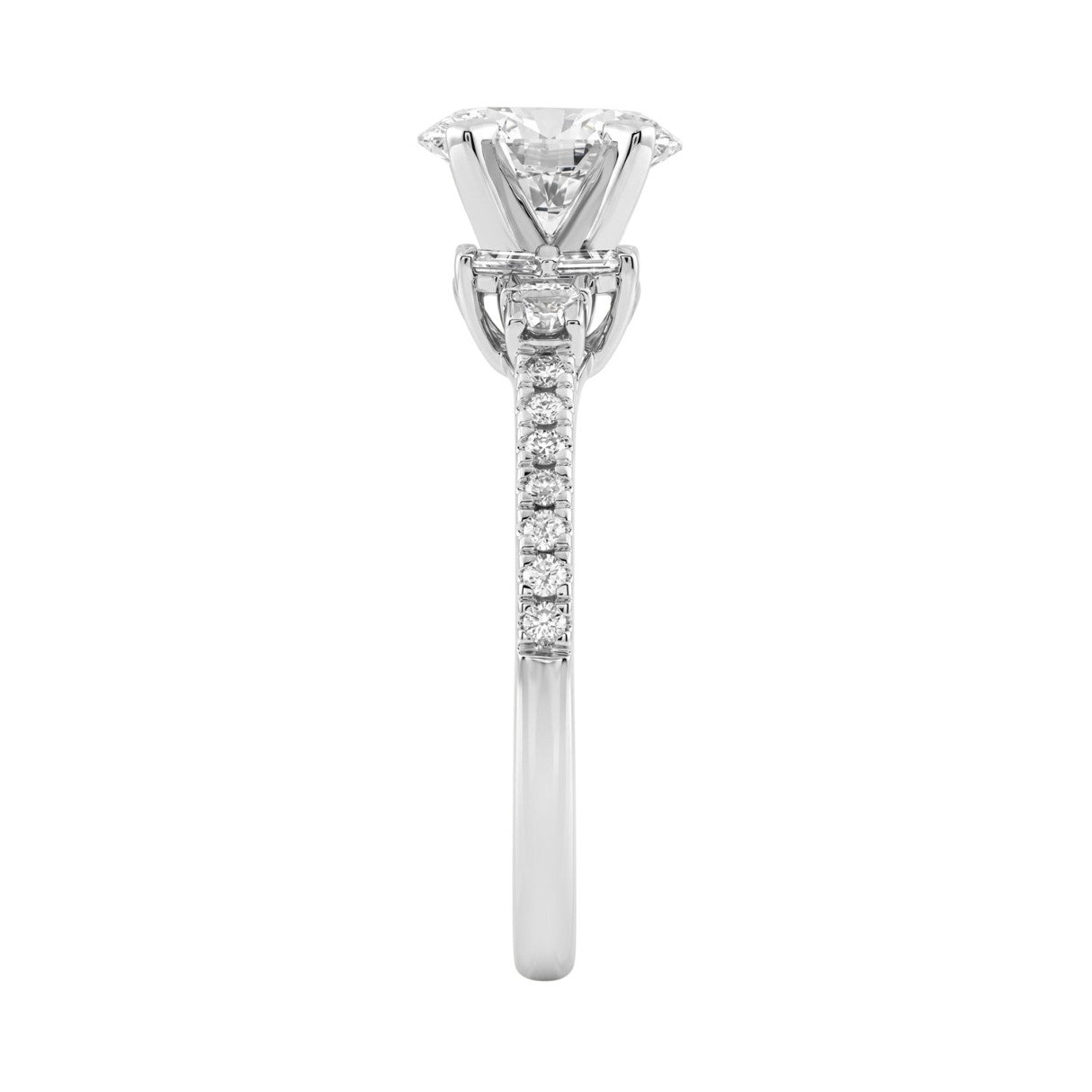14K White Gold Lab Grown Emerald Cut Diamond Ladies Engagement Ring 1 1/4Ct With Round &amp; Baguette Side Stones 1Ct Oval Center Stone (Color F-G -Cl